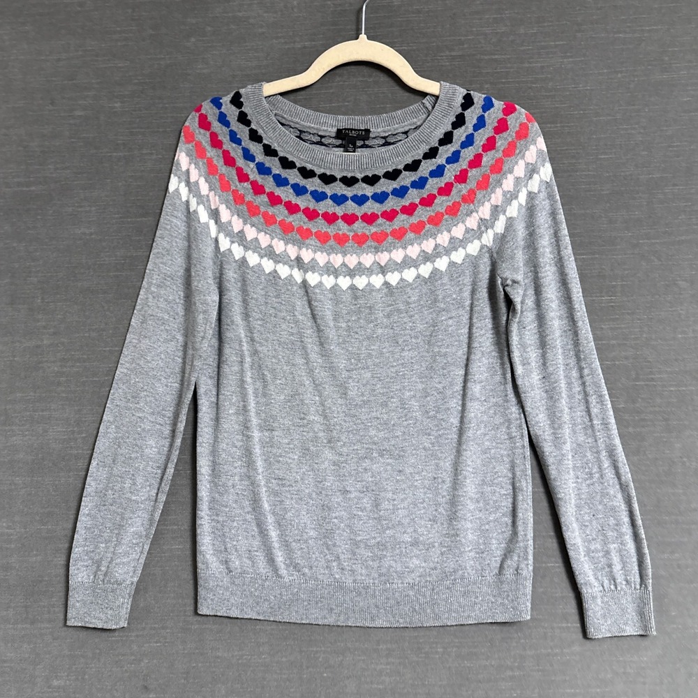 Talbots Sweater S Petite Gray Cotton Blend Heart Fair Isle Crew Pullover Casual